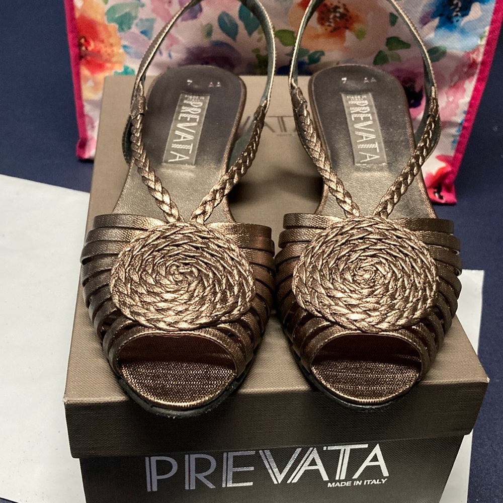 Prevata Italian pewter low wedge peep toe shoes